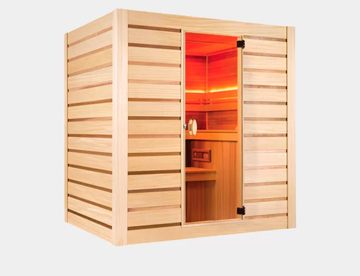 Sauna Hybride combi conçu pour être performant avec son poêle et ses infrarouges économique. Il s'intégrera très facilement dans votre espace bien-être intérieur