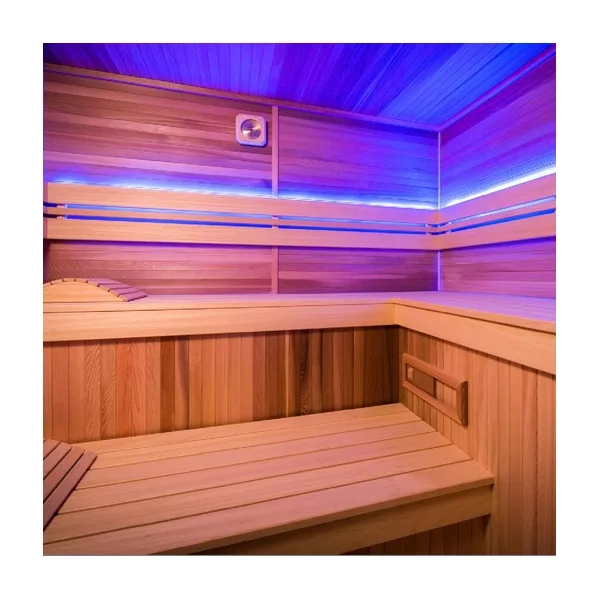 Sauna Eccolo intérieur, équipé de la chromothérapie afin de profiter de la chaleur du sauna dans une ambiance de zenitude