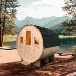 Sauna tonneau extérieur Gaia, sauna en bois épicéa avec sa forme ronde, laissant pensé à un tonneau seras idéal pour aménagé votre espace bien-être aussi bien en intérieur qu' extérieur